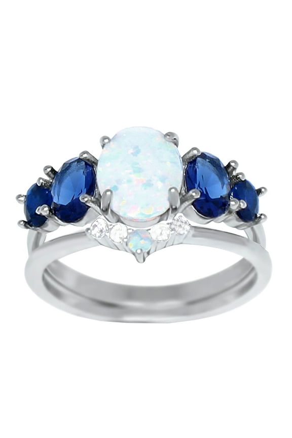 Opal Blue Sapphire CZ Unique Wedding Engagement Ring Set Size 9