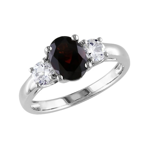 Three Stone Garnet & Created White Sapphire 2.0 Carat (Ctw) Ring in Sterling Silver