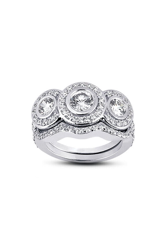 Three Stone Halo Bridal Set Stackable Engagement Rings 2 Ct Diamond 14K White Gold Over