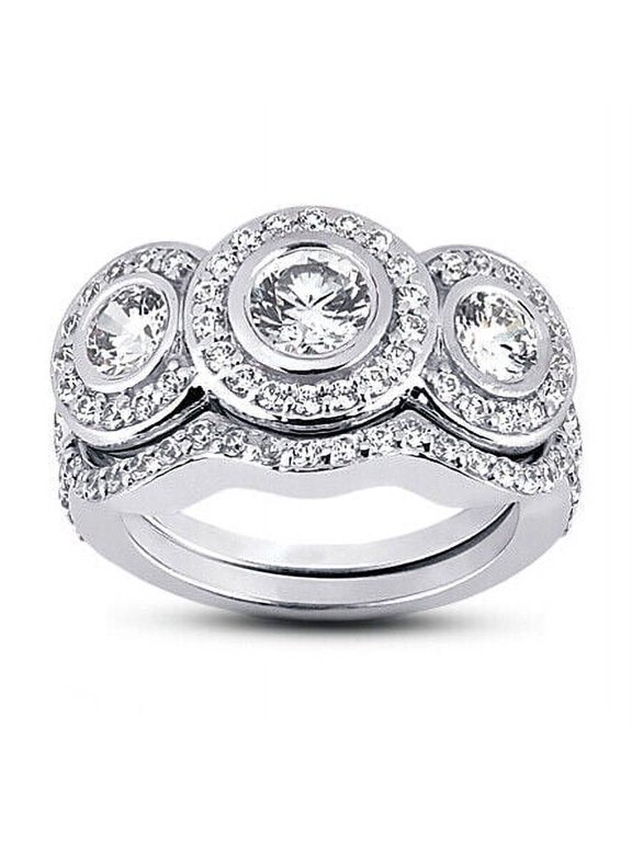 Three Stone Halo Bridal Set Stackable Engagement Rings 2 Ct Diamond 14K White Gold Over