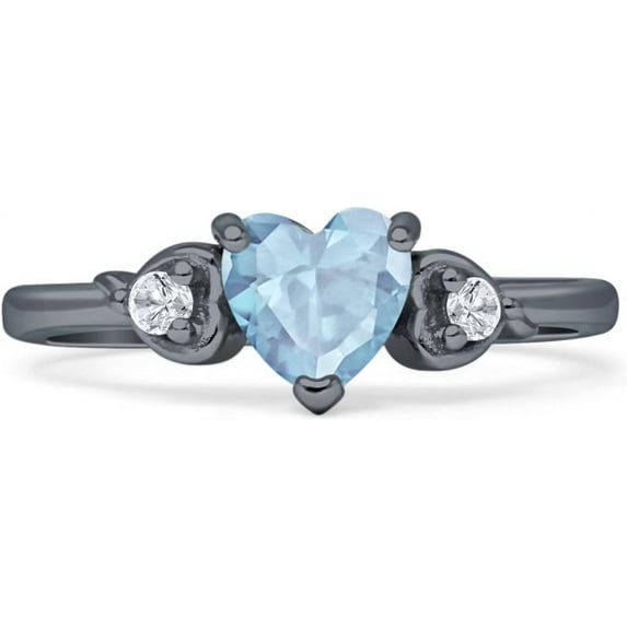 Three Stone Heart Promise Ring Aquamarine Cubic Zirconia Black Tone 925 Sterling Silver, Size 6