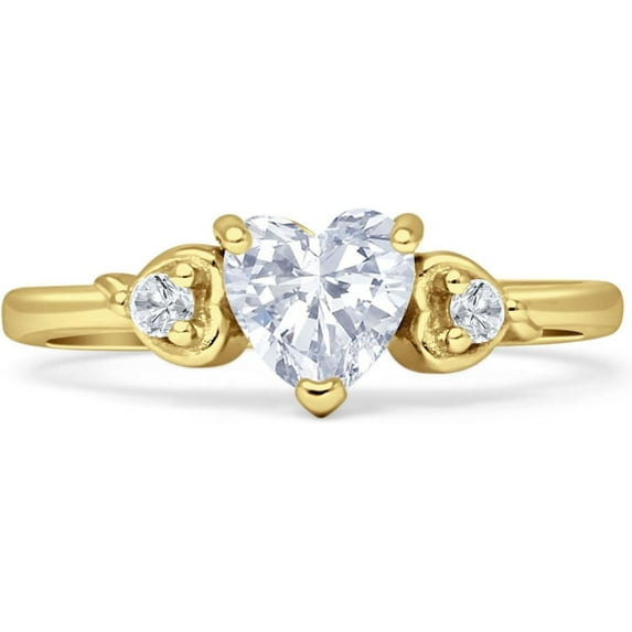 Three Stone Heart Promise Ring Cubic Zirconia Yellow Tone 925 Sterling Silver, Size 5