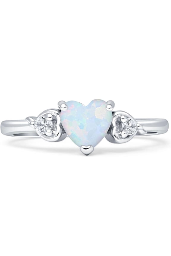 Three Stone Heart Promise Ring White Opal White Tone 925 Sterling Silver, Size 5
