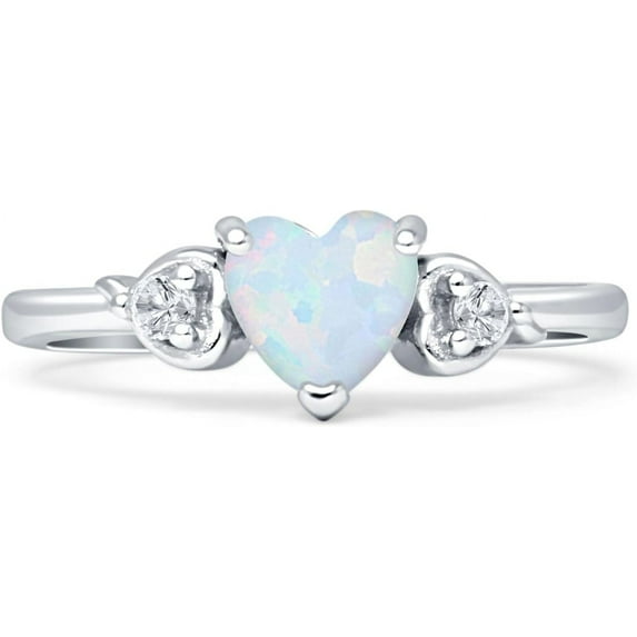 Three Stone Heart Promise Ring White Opal White Tone 925 Sterling Silver, Size 5