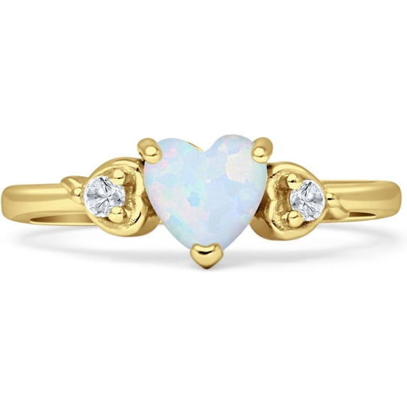 Three Stone Heart Promise Ring White Opal Yellow Tone 925 Sterling Silver, Size 7