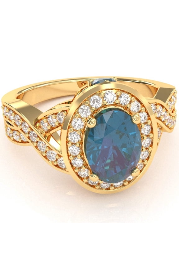 Three Stone Lab-Created Alexandrite Diamond Peekaboo Halo Engagement Ring In 14k Yellow Gold