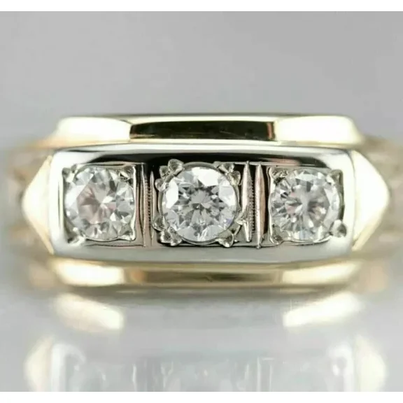Three Stone Men's Wedding Ring 14K Yellow Gold Plated 1.00Ct Round Cut Simulated Diamond 925 Sterling Silver For Him