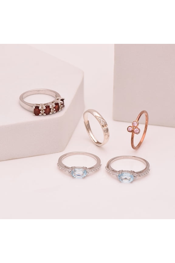 Three Stone Multi Gemstone 5 Pcs Combo 925 Sterling Silver Solitaire Women Accents Ring