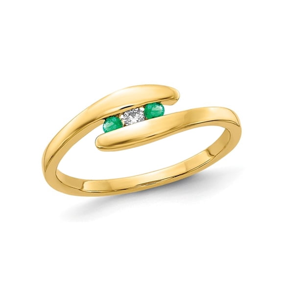 Three Stone Natural Green Emerald Ring 1/20 Carat (Ctw) in Polished 14K Yellow Gold for Women