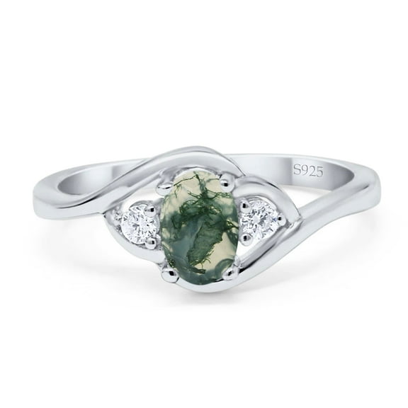 Three Stone Natural Green Moss AgateTrio Wedding Ring 925 Sterling Silver size 5