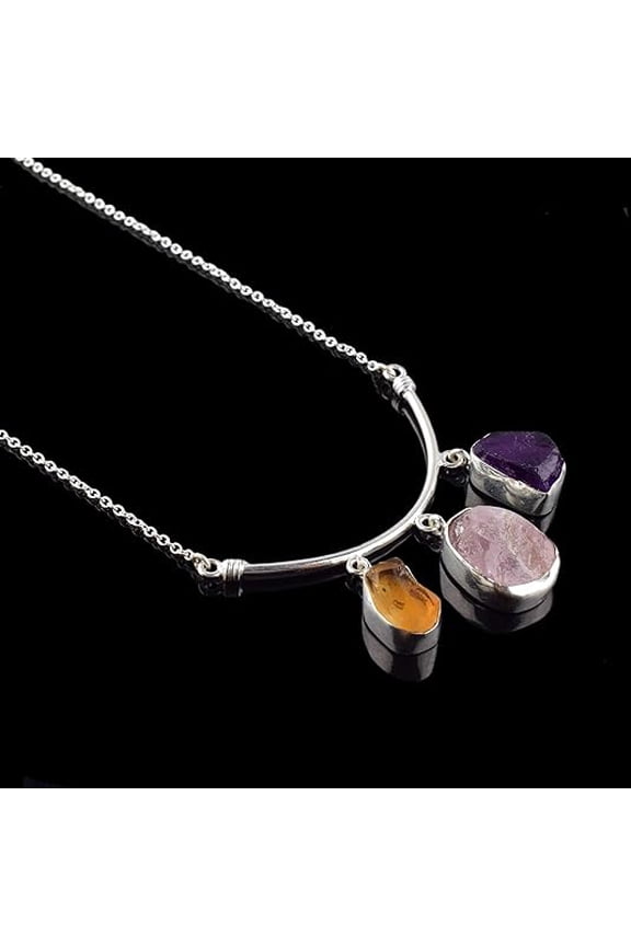 Three Stone Necklace Natural Real Citrine, Morganite, Amethyst Crystals Bezel Pendant, Raw Gemstone, Healing Gemstone, Birthday, Mothers Day Gift Jewelry, Occasion Wear, Gift for Her