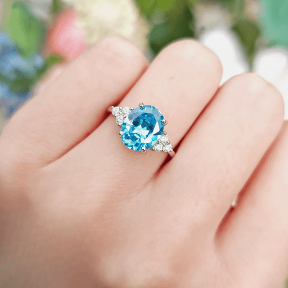 Three Stone Oval Cut Swiss Blue Topaz Wedding Ring in 925 Sterling Silver - Proposal Anniversay Gift For Wife