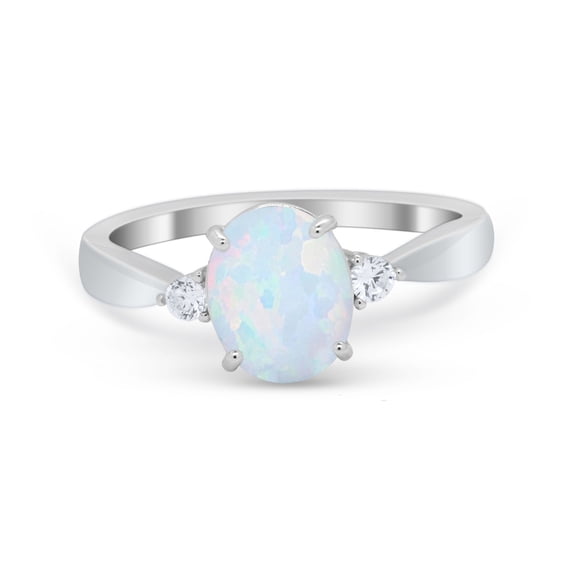 Three Stone Oval Engagement Ring Lab Created White Opal 925 Sterling Silver Size 9