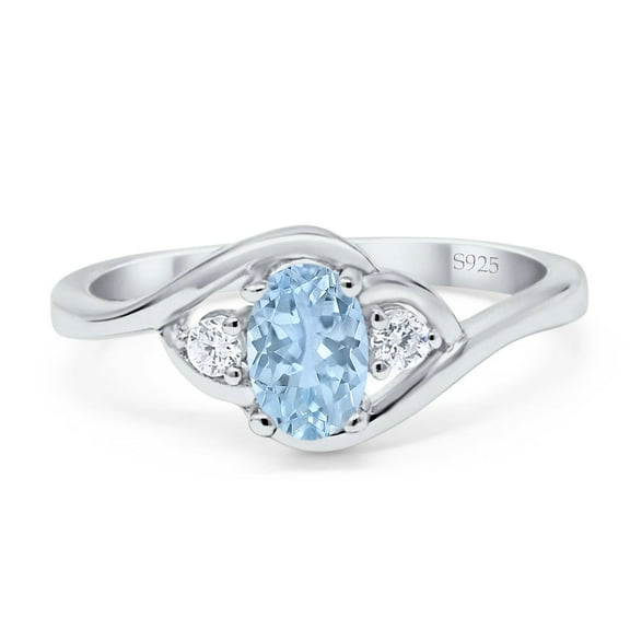 Three Stone Oval Natural Aquamarine Wedding Trio Ring 925 Sterling Silver size 5