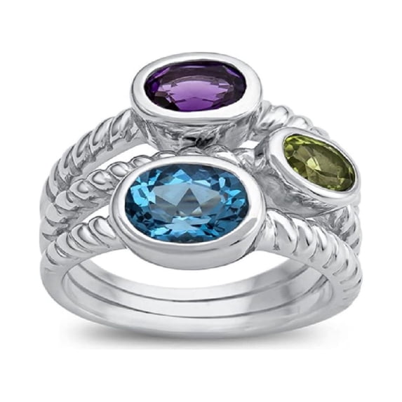 Three Stone Oval Shape Multi Gemstone Stackable Women Valentines Day Gifts Ring 925 Sterling Silver