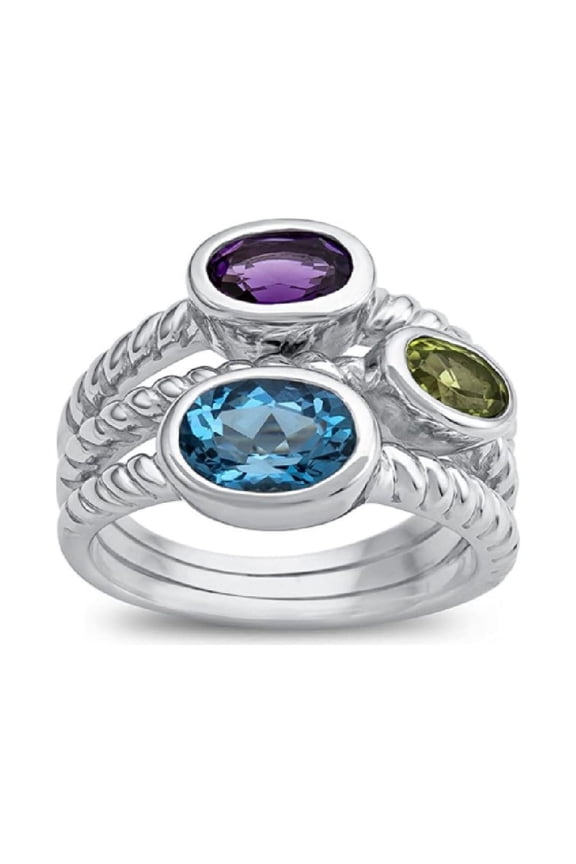 Three Stone Oval Shape Multi Gemstone Stackable Women Valentines Day Gifts Ring 925 Sterling Silver