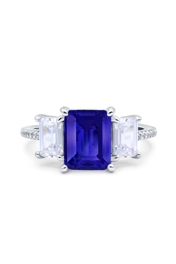Three Stone Radiant Cut Ring Blue Sapphire CZ 925 Sterling Silver Size 5