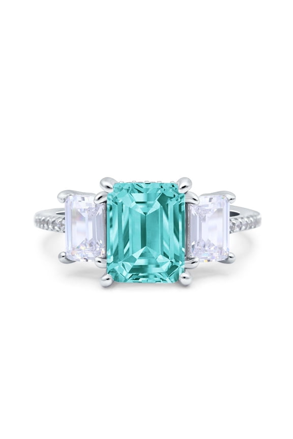 Three Stone Radiant Cut Ring Paraiba Tourmaline CZ 925 Sterling Silver Size 9