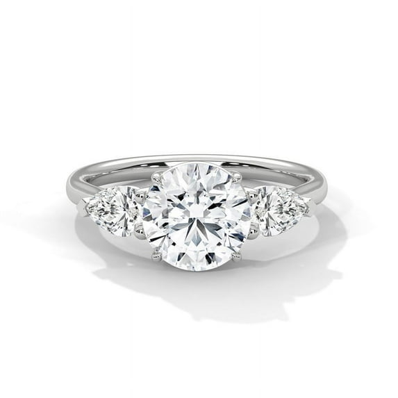 Three-Stone Real Moissanite Ring with Pear Side Stones in 14k White Gold Plated