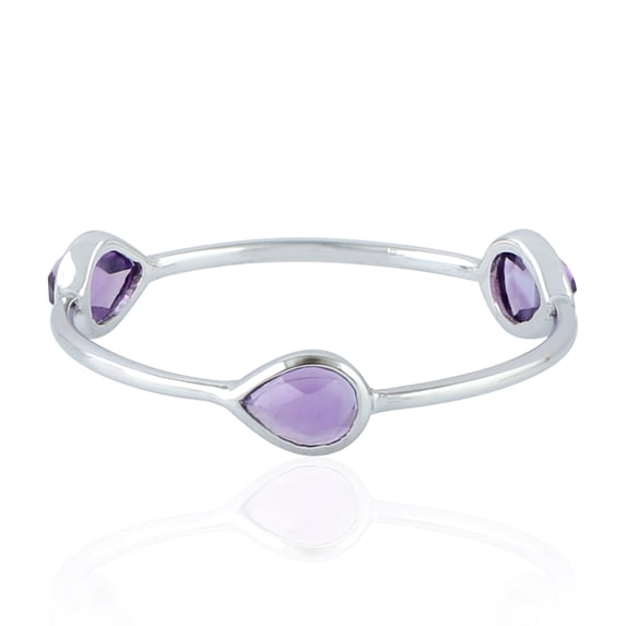 Three-Stone Ring Amethyst 14k White Gold Handmade Jewelry