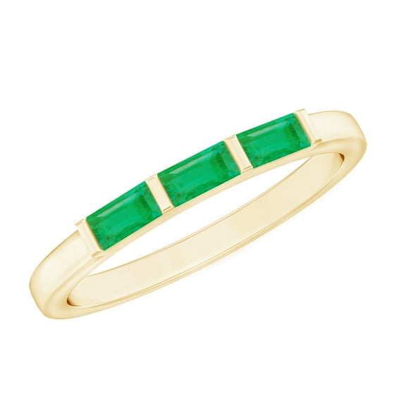Rosec Jewels Three Stone Ring - Baguette Emerald Ring in Bar Setting (AAA Quality), 10K Yellow Gold, US 6.50