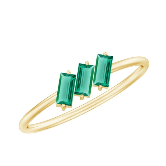 Rosec Jewels Lab Grown Emerald Promise Ring for Women - Baguette Emerald 3 Stone Ring - AAAA Quality Certified, 18K Yellow Gold, US 5.00