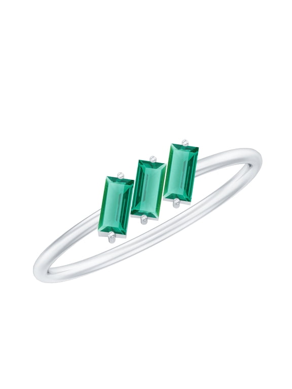 Lab Grown Emerald Promise Ring for Women - Baguette Emerald 3 Stone Ring - AAAA Quality Certified, 925 Sterling Silver, US 4.00