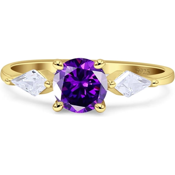 Three Stone Ring Kite Shape Amethyst Cubic Zirconia Yellow Tone 925 Sterling Silver, Size 7