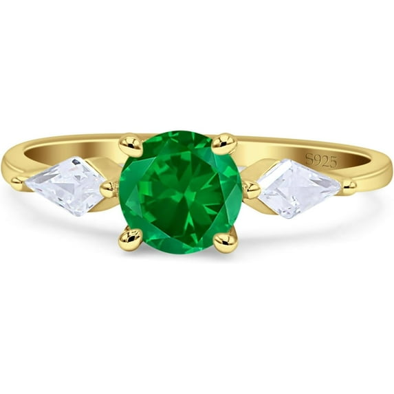 Three Stone Ring Kite Shape Green Emerald Cubic Zirconia Yellow Tone 925 Sterling Silver, Size 7