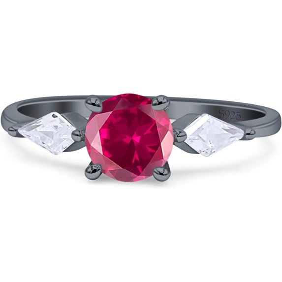 Three Stone Ring Kite Shape Ruby Cubic Zirconia Black Tone 925 Sterling Silver, Size 5