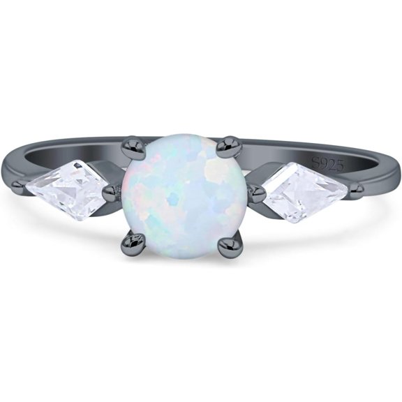 Three Stone Ring Kite Shape White Opal Black Tone 925 Sterling Silver, Size 7