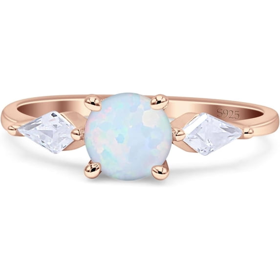 Three Stone Ring Kite Shape White Opal Rose Tone 925 Sterling Silver, Size 6