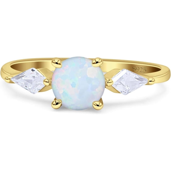 Three Stone Ring Kite Shape White Opal Yellow Tone 925 Sterling Silver, Size 6