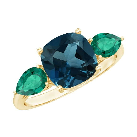 Rosec Jewels Three Stone Engagement Ring with London Blue Topaz and Emerald - Past Present Future Ring - AAA Quality, 10K Yellow Gold, US 8.00