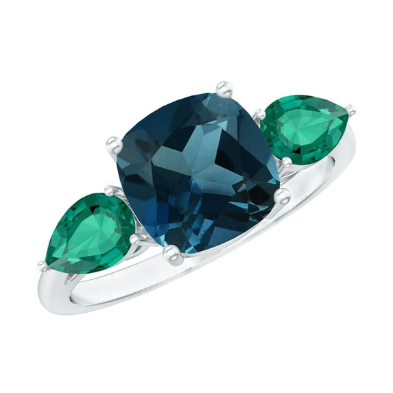 Rosec Jewels Three Stone Ring, London Blue Topaz and Lab Created Emerald Ring (3.75 CT), 925 Sterling Silver, US 4.00