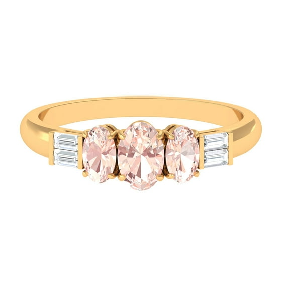 Rosec Jewels Three Stone Ring - Oval Morganite Ring with Diamond for Women (0.75 CT), 10K Yellow Gold, US 4.50