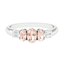 Rosec Jewels Three Stone Ring - Oval Morganite Ring with Diamond for Women (0.75 CT), 925 Sterling Silver, US 4.00