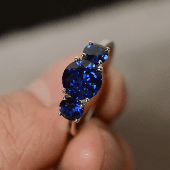 Three Stone Ring Sapphire ring Sterling Silver Engagement Ring September Birthstone Ring