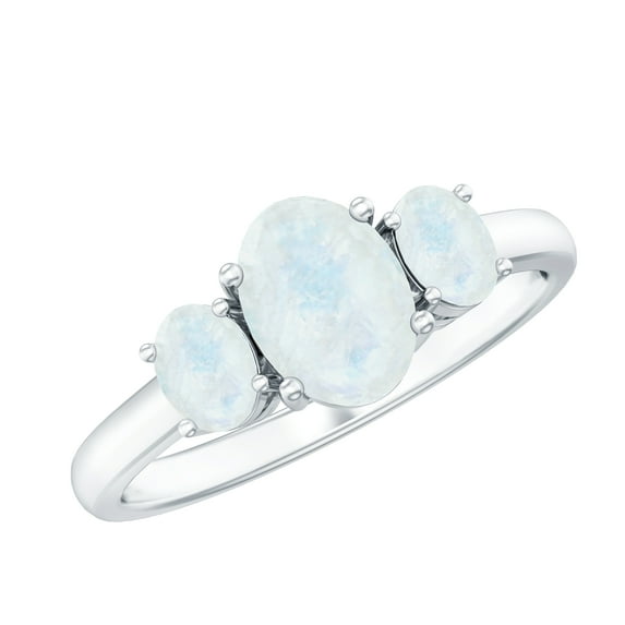 Rosec Jewels Three Stone Ring for Women - Oval Shape Moonstone Ring - AAA Quality, 14K White Gold, US 11.00