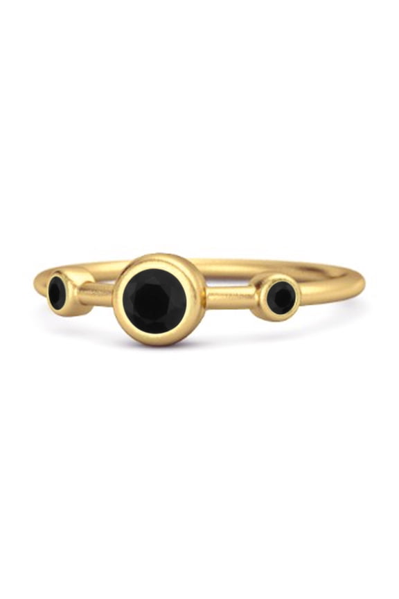 Three Stone Round Cut Black Spinel 925 Sterling Silver Gold Vermeil Bridal Women Valentines Day Gifts Ring