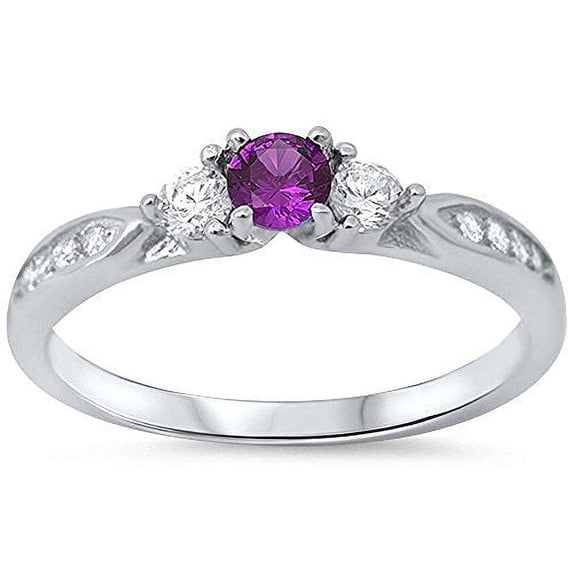 Three Stone Round Engagement Ring Amethyst CZ 925 Sterling Silver Size 10