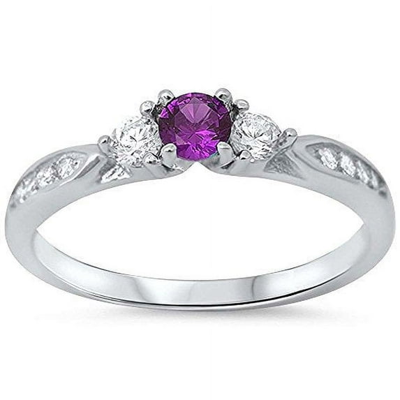 Three Stone Round Engagement Ring Amethyst CZ 925 Sterling Silver Size 3