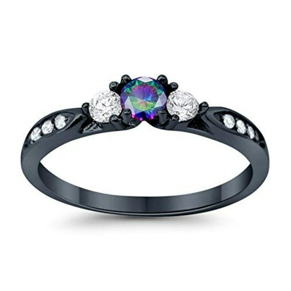 Three Stone Round Engagement Ring Black Tone Rainbow CZ 925 Sterling Silver Size 11