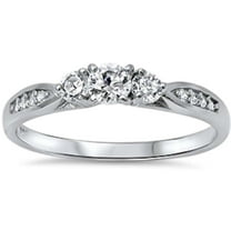 Three Stone Round Engagement Ring CZ 925 Sterling Silver Size 3