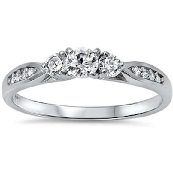 Three Stone Round Engagement Ring CZ 925 Sterling Silver Size 3