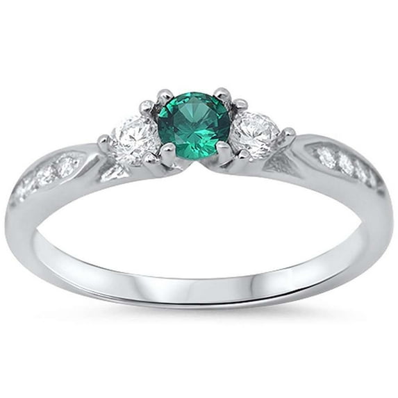 Three Stone Round Engagement Ring Green Emerald CZ 925 Sterling Silver Size 9