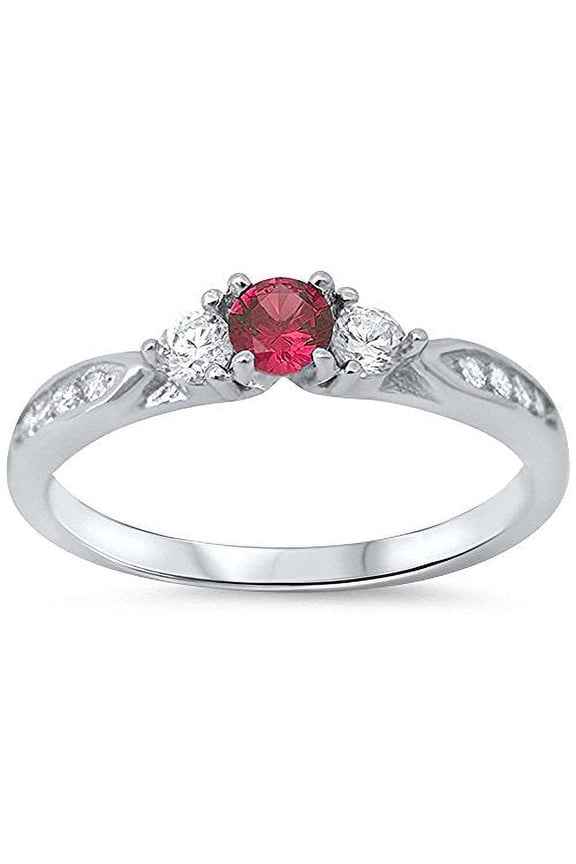 Three Stone Round Engagement Ring Ruby CZ 925 Sterling Silver Size 3