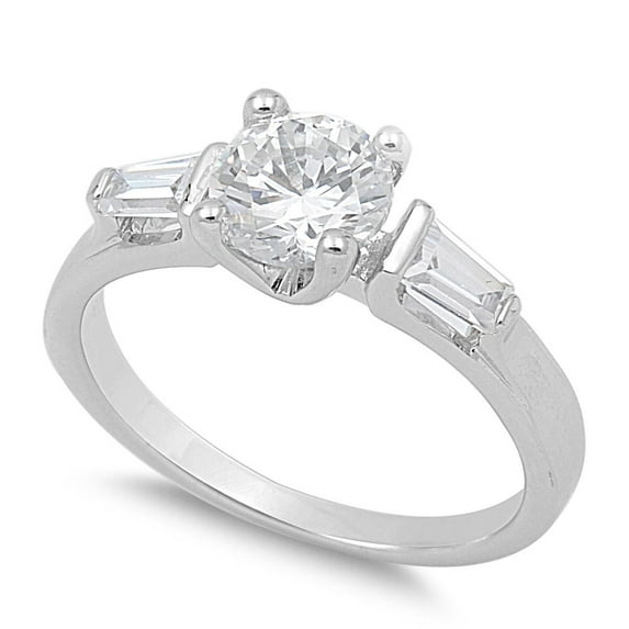 Three Stone Round Prong Baguette Cubic Zirconia Ring Sterling Silver 925