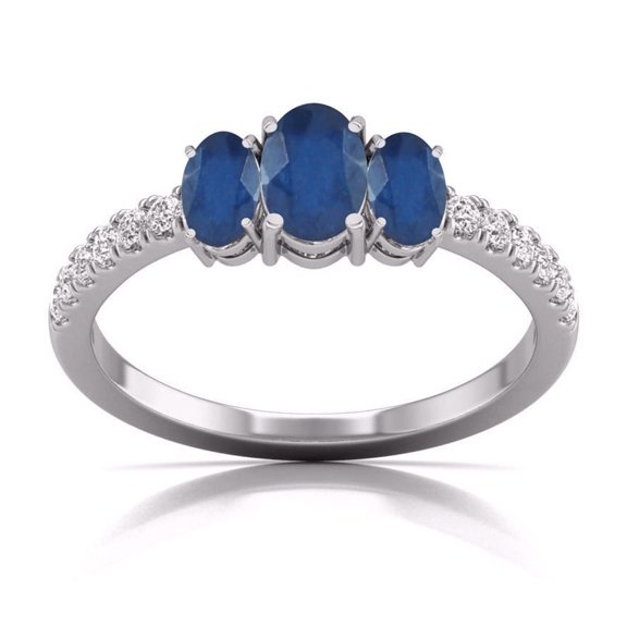 Three Stone Round and Oval Shape Natural Sapphire Gemstone Ring in 14K White Gold (Size: 5.5)