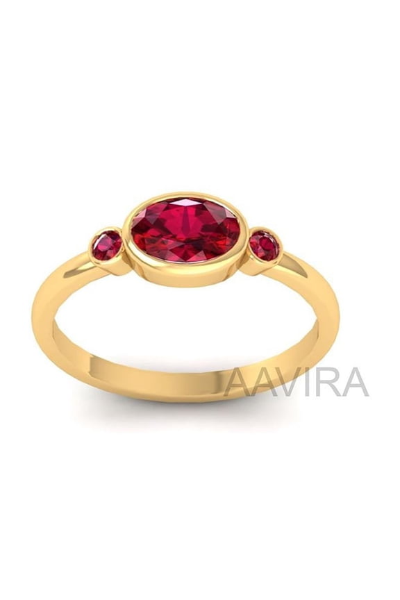 Three Stone Ruby Gemstone Ring, Bezel Set Sapphire Gold Plated Ring, Handmade Jewelry Gift